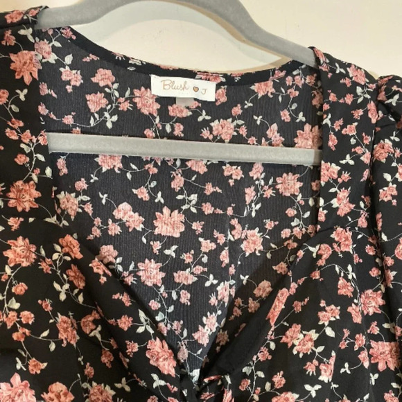 Blush Covered In Flowers Boho Black Floral Smocked Long Sleeve Mini Dress Sz L - Picture 7 of 11